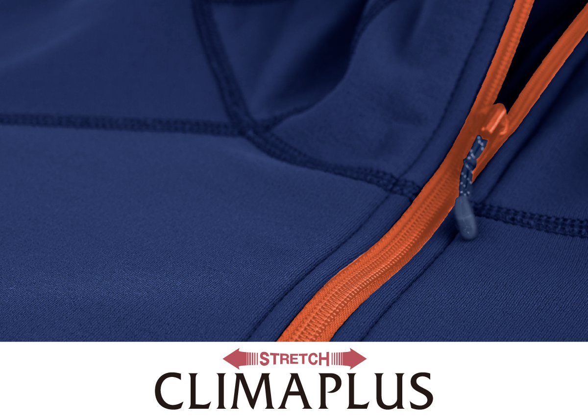 The STRETCH CLIMAPLUS logo and a photograph focusing on the fabric.