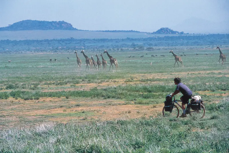 Mr. Sekino rides his bicycle to the finish line under the watchful eye of wild animals in Tanzania.