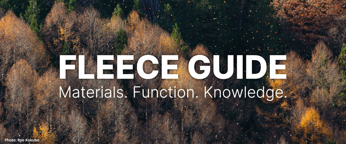 "FLEECE GUIDE, Materials. Function. Knowledge." text and photos of mountains with fall foliage.