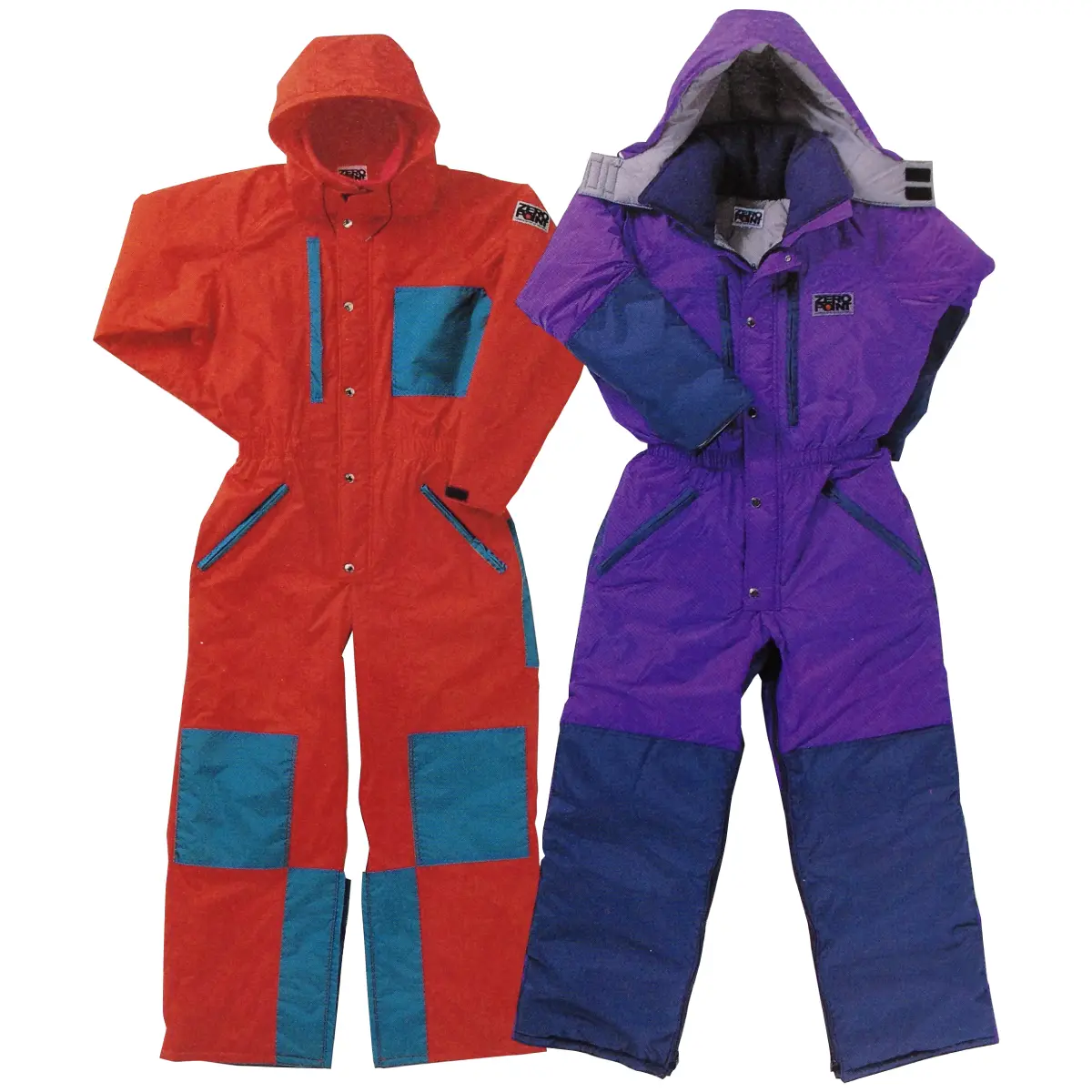 Two types of "Super EXP. One-piece" hooded suits (left is red, right is purple) worn during the ascent of Vinson Massif, Antarctica's highest peak.