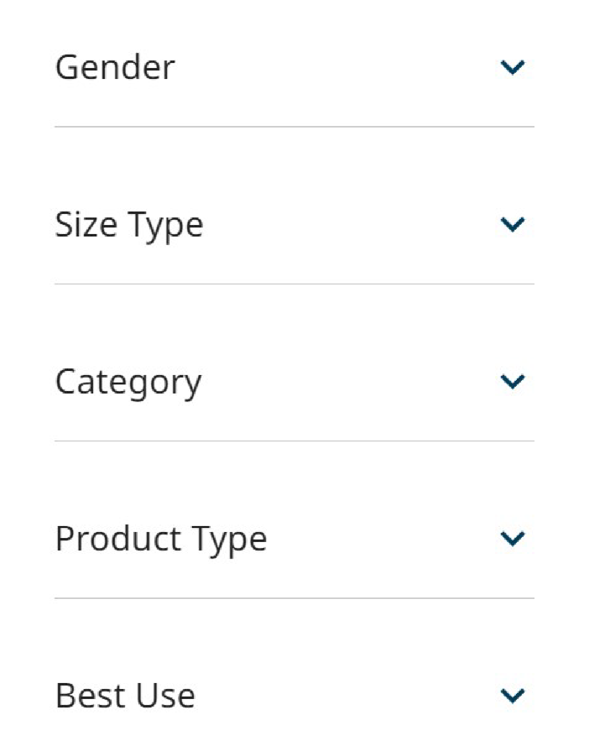 Image of filters for selecting Gender, Size Type, Category, Product Type, etc. The explanation is provided earlier.