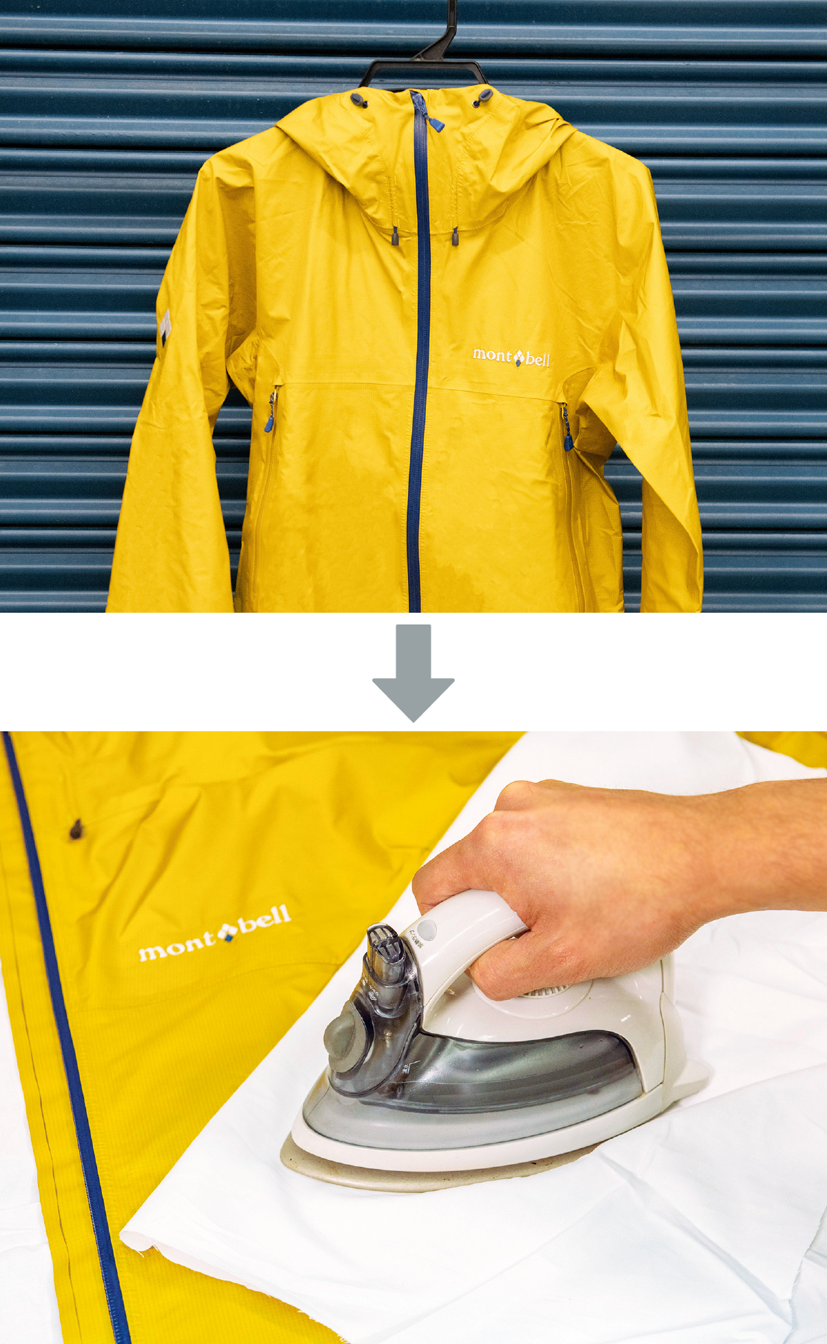 A photo of hanging rainwear to dry on a hanger, then ironing it with a pressing cloth