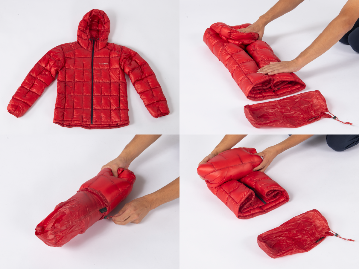 Folding down outerwear laid flat to the width of a stuff sack, rolling from the collar, and storing it in the stuff sack