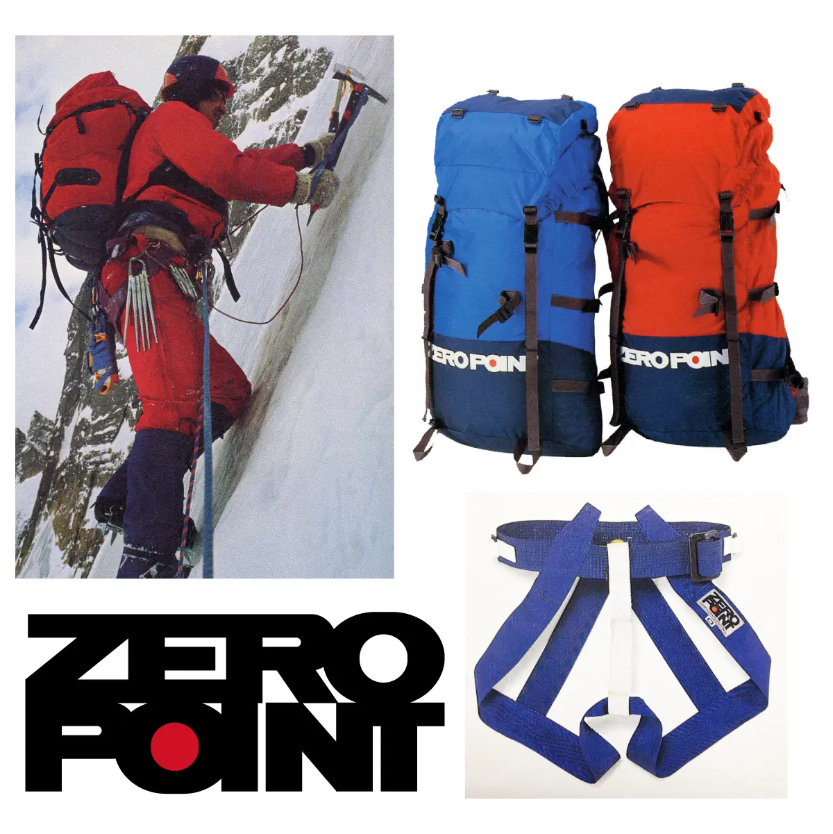 A man from the Mountain Climbing Association wearing a Dru Parka climbing an ice wall on the Croz Spur of the Grandes Jorasses north face; Zero Point logo; Alpine pack and climbing harness using high-strength "Ballistic" nylon