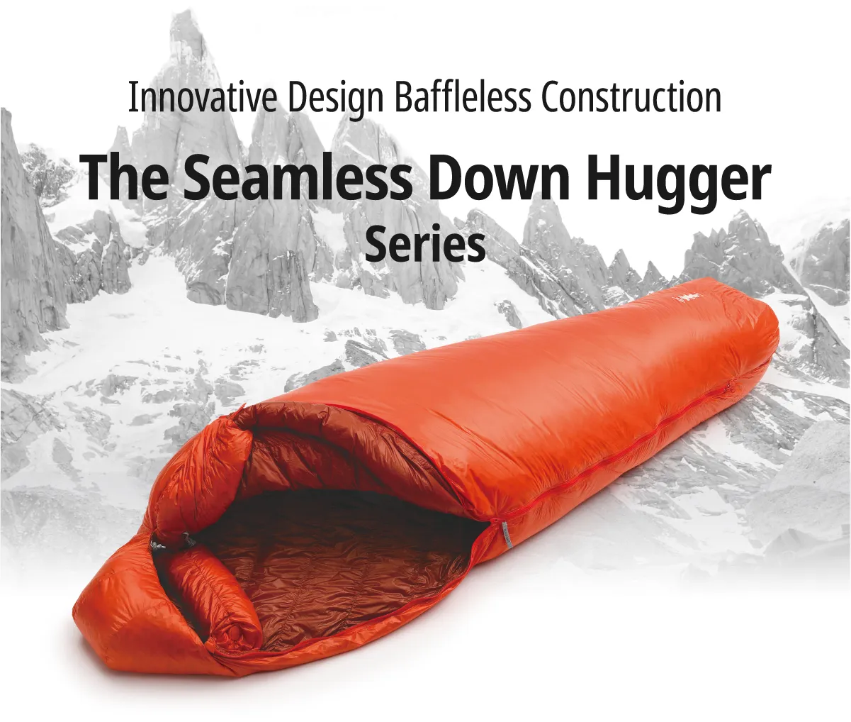 ''Innovative Design Baffleless Construction, The Seamless Down Hugger Series': Image of a sleeping bag against a mountain backdrop