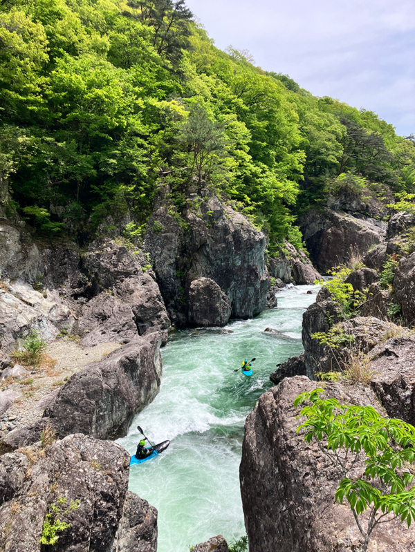 Two blue whitewater kayaks navigate down a swift current flowing through a mountain valley lush with fresh greenery.