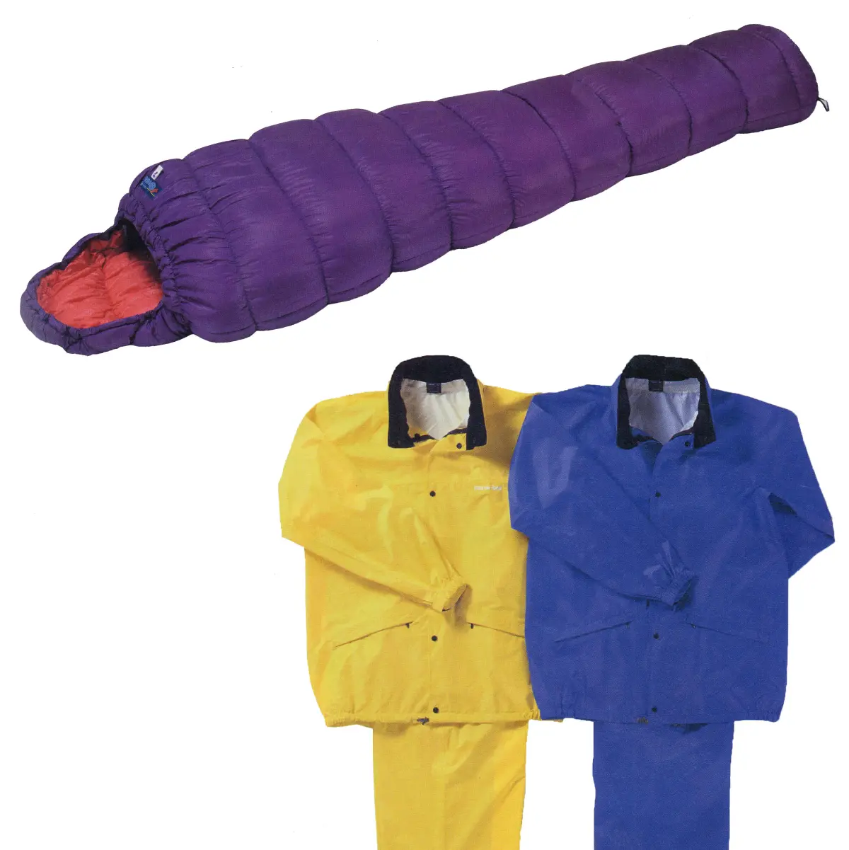 Purple sleeping bag from the Super Tough Bag series; "Rain Trekker" rain wear that incorporated Super Wick Coat technology