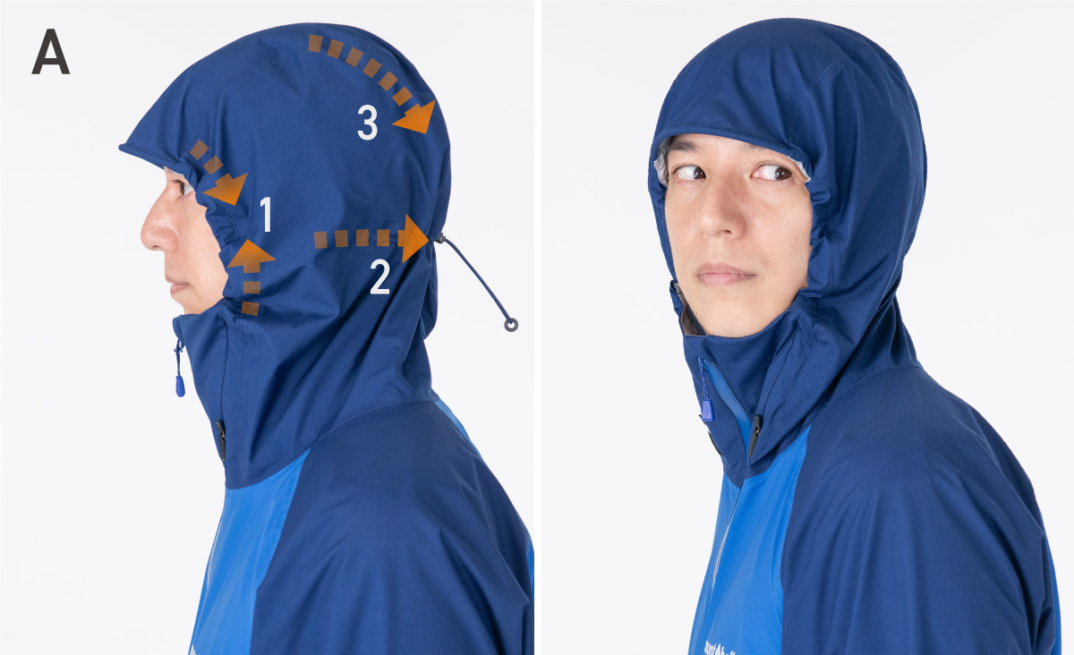 The hood can be adjusted in three places: both sides, the back of the head, and the top of the head. In the photo, the model is facing left, and you can see that the hood fits snugly to the face.