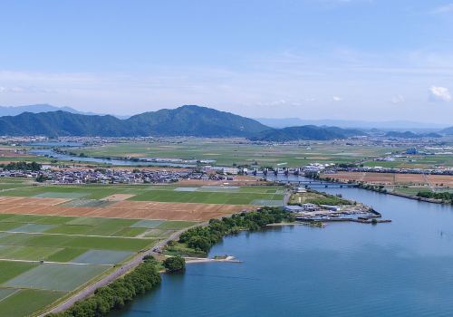 Aerial view of the rural landscape in Higashiomi City, Shiga Prefecture
