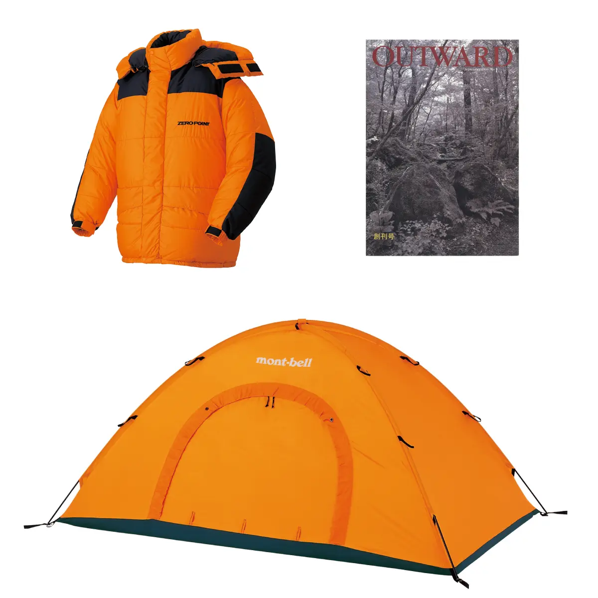 Yellow Dry Loft EXP. Down Jacket for extreme conditions using Gore Dry Loft; First issue of Montbell Club magazine "OUTWARD"; "GORE. Alpine Dome" single-wall tent using first-generation Gore-Tex