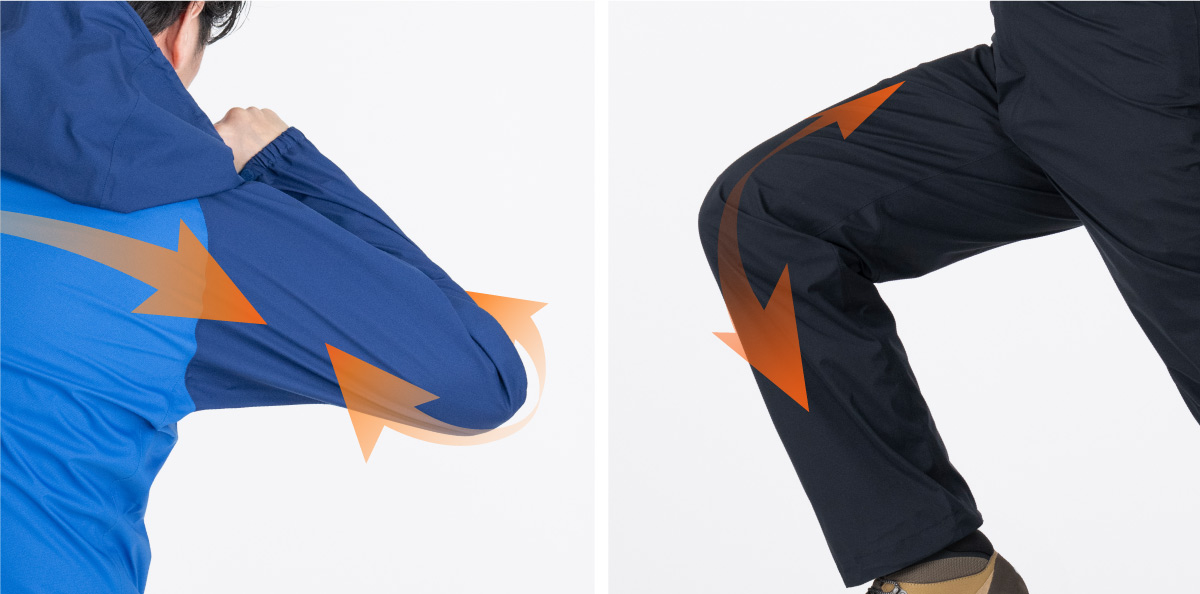 The image shows the excellent stretchability of the fabric, with the elbows of the jacket and the knees of the pants bent.