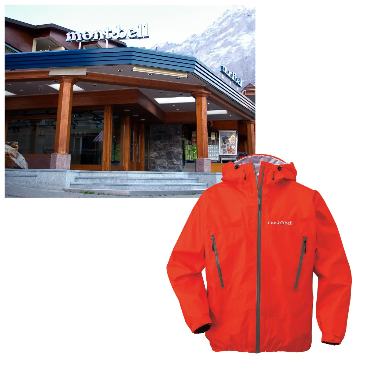 Exterior view of the Grindelwald, Switzerland store; red rainwear "Peak Shell Jacket" made with Breeze DRY-TEC fabric