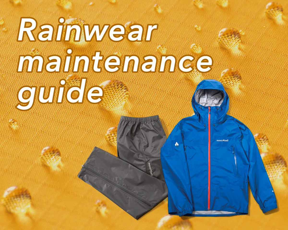 Rainwear maintenance guide, Image of rainwear layered on top of a water-repellent fabric surface.