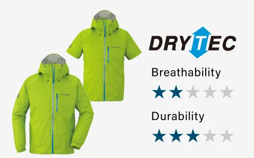 Introduction of Convertible Rain. Made with DRY-TEC material. Breathability is 2 out of 5 stars. The strength is rated 3 out of 5 stars.