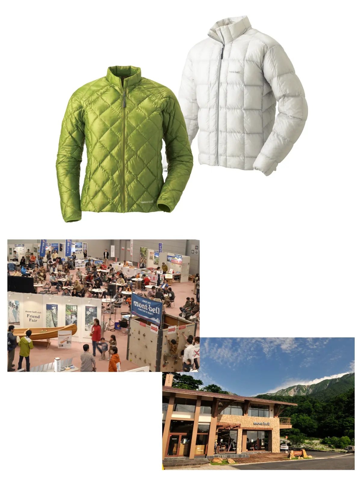 White and lime green down jacket "EX Light Down Jacket"; Scene from the "Montbell Club Friend Fair" event; Exterior photo of the Montbell Daisen store with majestic mountains in the background.