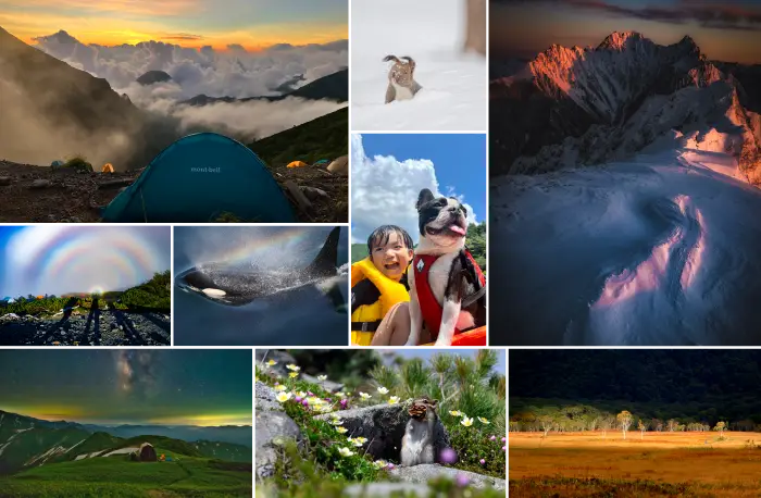 Photos of the winning entries from the 9th Photo Contest (from left to right: mountain and tent, Brocken spectre, orca, Mount Tsurugi, rabbit, child with dog, squirrel, Hotaka mountain range, and a scene from Oze)