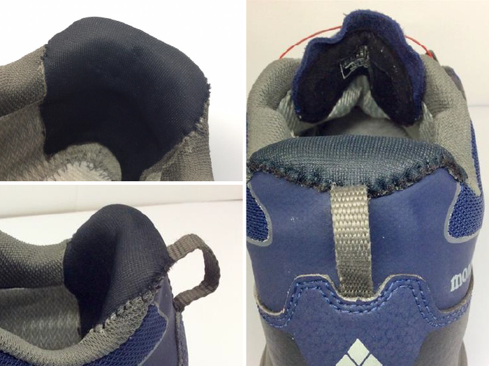 Hiking boot heel area after repair: Torn and frayed heel fabric repaired with patches.