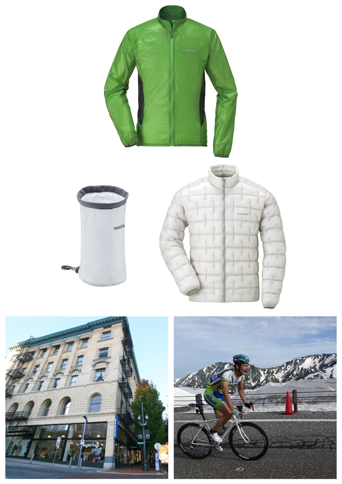 German Design Award winning windshell "EX Light Wind Jacket"; "OutDoor INDUSTRY AWARD 2013" winning "Crushable Lantern Shade" and "Plasma 1000 Down Jacket"; Exterior of the American Portland store; A man participating in the "mont-bell Tateyama Alpen Hill Climb" race riding a bicycle.
